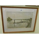 John Grey: a framed watercolour entitled 'The Mall, Hammersmith' with pontoon on the river