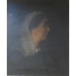 An unframed stretchered oil on canvas profile portrait of a lady wearing a bonnet - paint surface