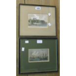 Two Hogarth framed antique coloured bookplates, each depicting named shipping and coastal scenes
