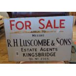 A vintage enamel estate agents For Sale sign marked for Messrs R.H. Luscombe & Sons, Kingsbridge