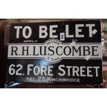 A vintage enamel estate agents To Be Let sign for Messrs R.H. Luscombe & Sons, 62 Fore Street,