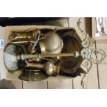 A box containing a quantity of assorted brass items including set of scales and weights, Eastern