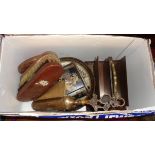 A box containing a quantity of assorted metalware and other collectable items including letter rack,