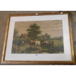 An antiqued gilt framed large format coloured print, depicting cattle in a rural setting