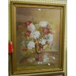 R. Hawald: a gilt framed acrylic still life with cranberry glass vase full of flowers on a table -