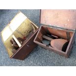 A tin box containing shoe lasts - sold with a box containing shoe mending items