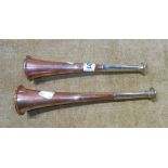 Two old copper hunting horns with silver plated ends - marked for Swaine & Adeley, London,