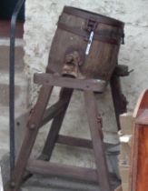 An old coopered butter churn with mounts marked for Hathaway of Chippenham - no lid