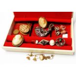 A jewelley box containing a 9ct. gold framed cameo pendant on chain and a pair of ear-rings, other