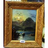 A gilt gesso framed oil on board in the style of Pether, depicting a moonlit moored sailing vessel