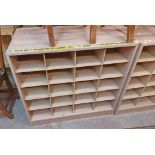 Two matching 1.0m modern mixed wood shop pigeon-hole display/storage units, each with twenty spaces