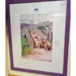 A framed coloured print, depicting sheep crossing a bridge