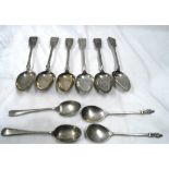 Six silver fiddle pattern teaspoons with engraved initials to terminals - sold with two silver egg