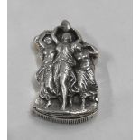 A modern London silver ornate flip-top vesta case depicting The Three Graces