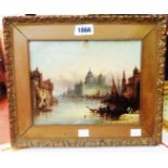E. Pritchett: a framed oil on canvas, depicting a view of the Grand Canal Venice with figures on
