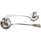 A large Victorian silver fiddle pattern soup ladle - London 1854 - sold with an older similar with