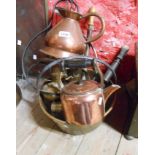 A quantity of metalware comprising brass preserve pan, copper measure, two brass garden sprays,