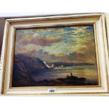 F.J. Elliott: a framed oil on board, depicting an extensive coastal scene with figures fishing