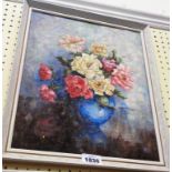 A framed oil on board still life with vase of roses on a table