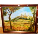 D. Frier-Kelsey: a large framed oil on canvas depicting an Eastern architectural view with tree in