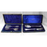 A cased Walker and Hall silver rat tail dessert spoon and fork with engraved decoration and name
