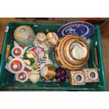 A crate containing a quantity of ceramic items including a pair of late Satsuma moriage vases,