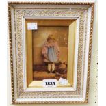 A small ornate parcel gilt and white painted framed mixed media study of a young girl holding a