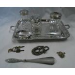 A Mappin & Webb silver plated tray with three assorted silver topped cut glass dressing table
