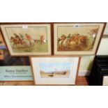 A pair of gilt framed coloured hunting prints - sold with a maritime print, depicting H.M.S.