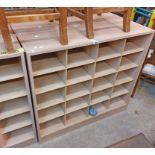 Two matching 1.0m modern mixed wood shop pigeon-hole display/storage units, each with twenty spaces