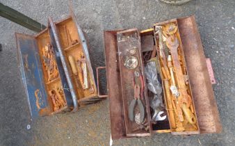 Two vintage concertina style toolboxes containing a quantity of tools