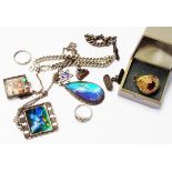 Various items of silver and white metal jewellery including a gold plated ring, enamel panel pendant