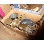 A box containing a quantity of assorted metalware including scales, old brass mortar, etc.