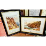 A late 19th Century pair of ebonised framed watercolours, depicting coastal views near Salcombe -