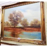 Gilmore: a gilt framed modern oil on canvas, depicting waterside trees - signed