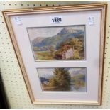 A gilt framed double image watercolour, depicting a river landscape and a rural out building -