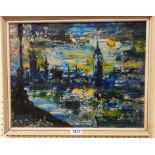 †J. Lawrence Isherwood: a vintage framed oil on board entitled 'Sun, Houses Parliament', depicting a