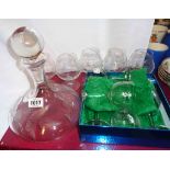 A vintage ships style decanter with five matching brandy balloons - sold with a set of six wine