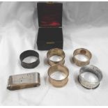 Six silver assorted napkin rings comprising two personalised, two blank and two a/f, also silver
