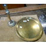 A brass advertising tray marked for Dewar's Perth Whisky - sold with an old brass candlestick with