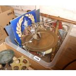A box containing a quantity of metalware and other collectable items including silver plated