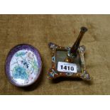 An antique brass ring stand with champleve enamel decoration and inset onyx plate - sold with a