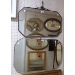 Two similar vintage frameless wall mirrors with bevelled canted oblong plates