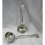 Two silver fiddle pattern sauce ladles, both with engraved 'M' initals to terminals - London