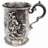 A Victorian silver ornate Half Pint mug with raised gamehawking figure with dogs at his feet,