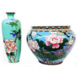 An old Japanese cloisonne jardiniere decorated with prunus blossom on a turquoise ground - sold with