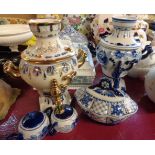 A small selection of Russian porcelain comprising two samovars, pair of miniature teapots and a