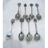 Eight Birmingham silver souvenir spoons including six with enamelled armourial decoration