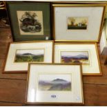 Five framed pictures comprising three framed gouache moorland views, watercolour rural view and