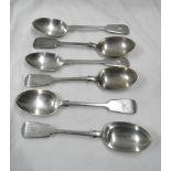 Six matching silver fiddle pattern spoons with engraved 'H' initial to terminals - London 1885